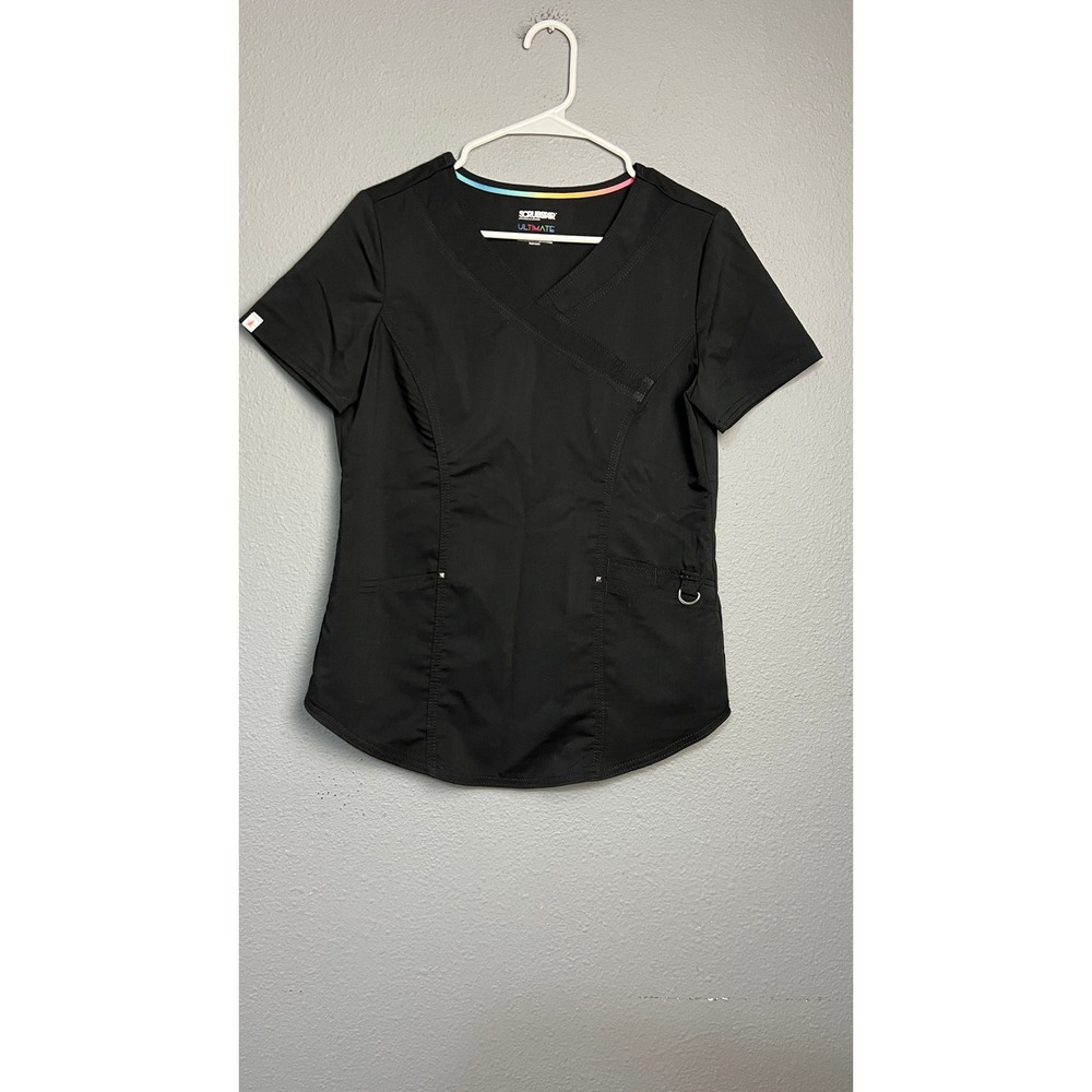 Scrubstar Ultimate Black Mock Wrap‎ Scrub Top XS WM01T897 Rainbow Trim